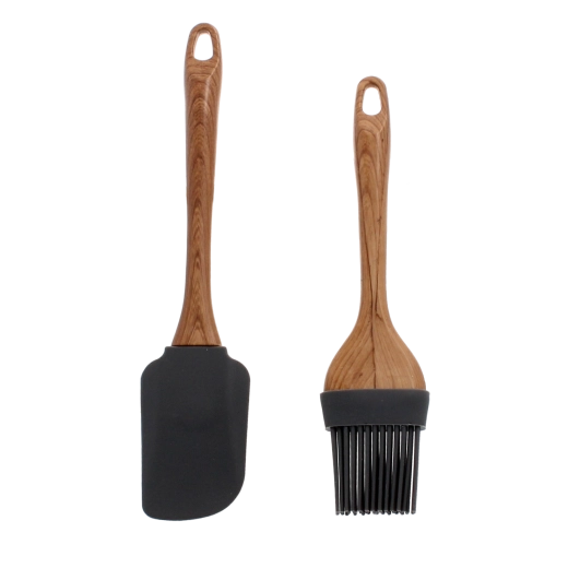 Tweedelige set keukengereedschap met siliconen en houten handgrepen