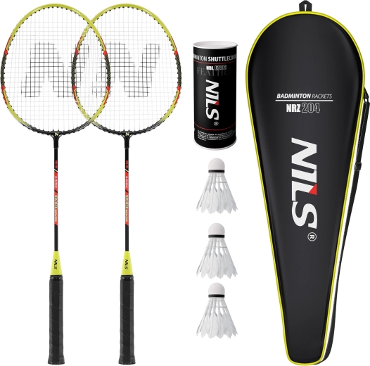 Set badmintonrackets Nils NRZ204-1 (2 stuks) met hoes en veren shuttles
