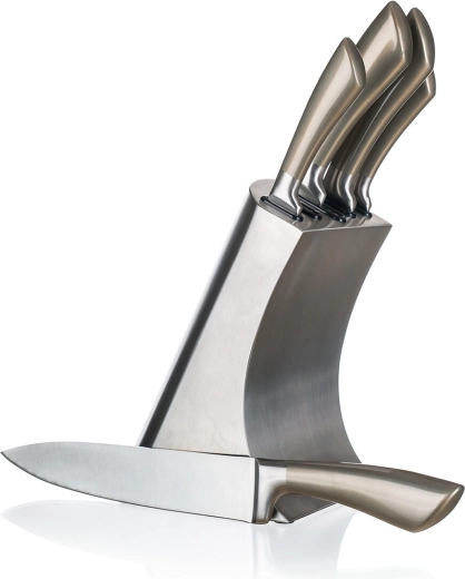 Set METALLIC Platinum keukenmessen van roestvrij staal, 5 stuks met standaard