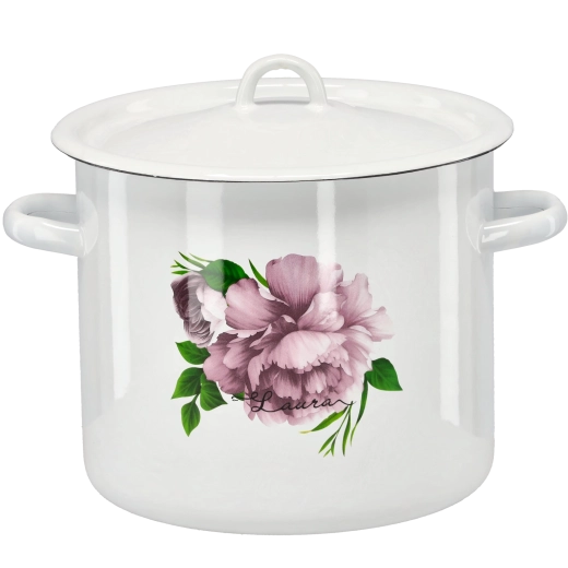 Geglazuurde pan 7 l 22 cm wit met pioenroosmotief Laura
