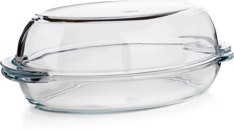 Glazen ovale braadslede met deksel 4,6 l (2,8 + 1,8 l), 34 × 19,6 cm