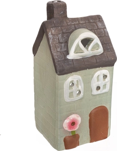Keramische lantaarn in de vorm van een huisje groen-grijs 16 cm