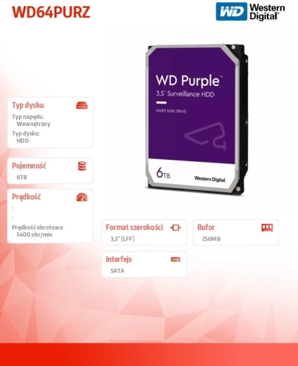 Harde schijf WD Purple 6TB 3,5 256 MB 5400 rpm WD64PURZ