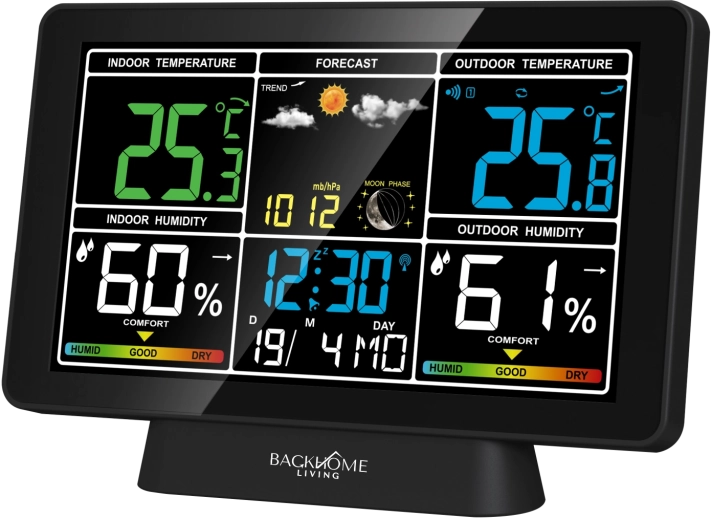 Digitale weerstation met RCC, net-/batterijvoeding, zwart 20 × 4 × 13,5 cm