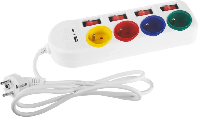 Maclean verlengsnoer met USB A/C en individuele schakelaars