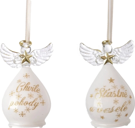 Hangende glazen kerstdecoratie engel met LED-verlichting 14 cm (2 varianten)