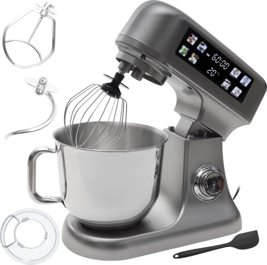 Bauerkraft keuken-planetair keukenmachine met 6 l kom, LED-paneel, fermentatiefunctie en ingebouwde weegschaal, zilverkleurig