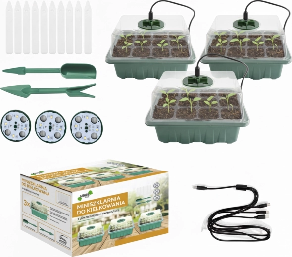 Set van 3 minikasjes voor kiemen met LED-verlichting, 12 cellen