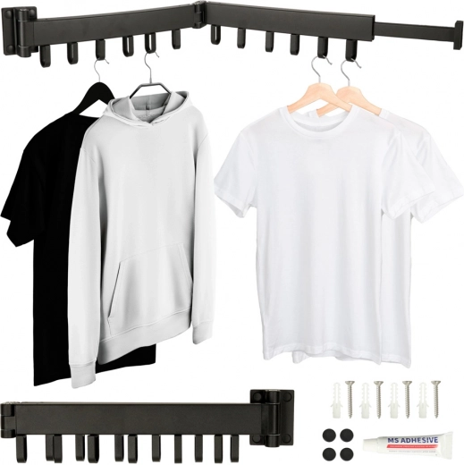 Inklapbaar telescopisch wanddroogrek voor wasgoed, 12 haken, 90 cm – zwart