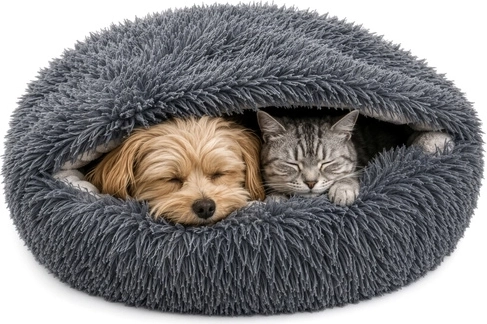 Purlov pluche bed voor hond en kat 70 × 60 cm 2-in-1 met капюшон, grijs