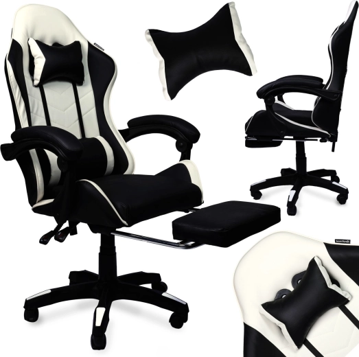 Gaming draaibare stoel met voetensteun van kunstleer, zwart-wit