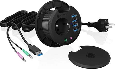 Inbouw-bureauhub ICY BOX 80 mm met 4× USB 3.0, audio en 230 V stopcontact