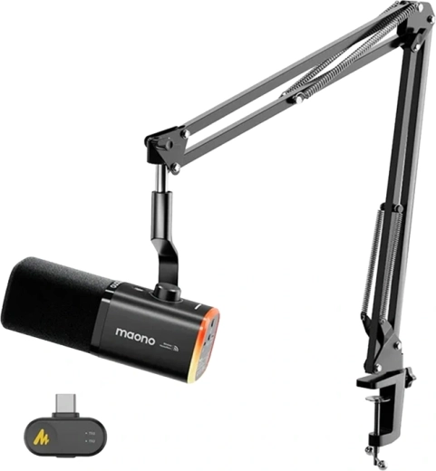 Maono PD100WS draadloze en USB dynamische microfoon met AI-ruisonderdrukking en RGB (zwart)