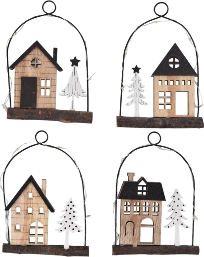 Hangdecoratie huisje met LED-verlichting (hout en metaal)