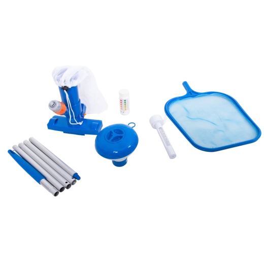 Grote set voor zwembadreiniging met dispenser, thermometer, pH‑tester en stofzuiger