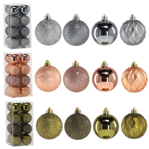 Set kerstballen 6 cm – olijfgroen, koper en grafiet, 16 st.
