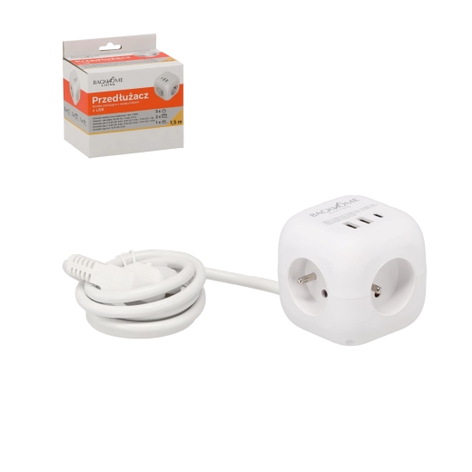 Stekkerdoos-kubus met 3×230 V en 3× USB, 1,5 m, wit