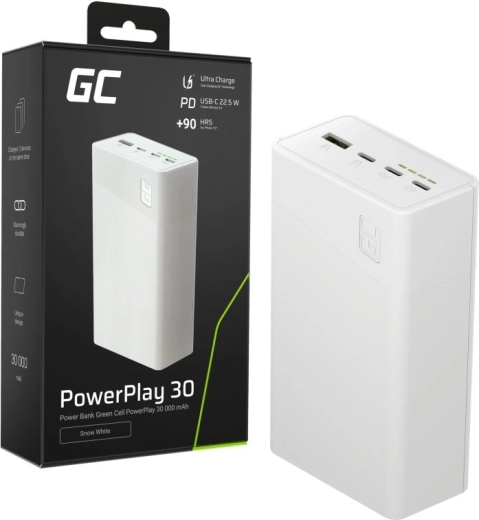 Powerbank 30.000 mAh, 22,5 W, 4 poorten, wit