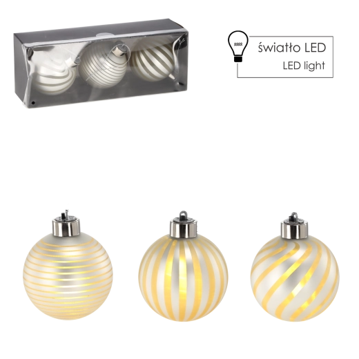 Set van glazen zilveren kerstornamenten met LED, 8 cm, 3 stuks