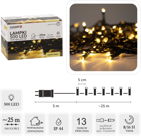 Kerst LED-slinger 500 lampjes, warm wit, 25 m voor binnen en buiten