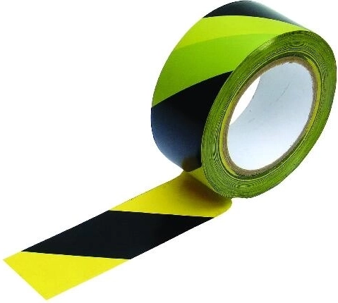 Waarschuwende kleefband 48 × 66 m, geel‑zwart, linkse arcering