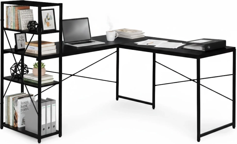 Hoekcomputerbureau met planken, 3 niveaus, zwart loft-stijl ModernHome