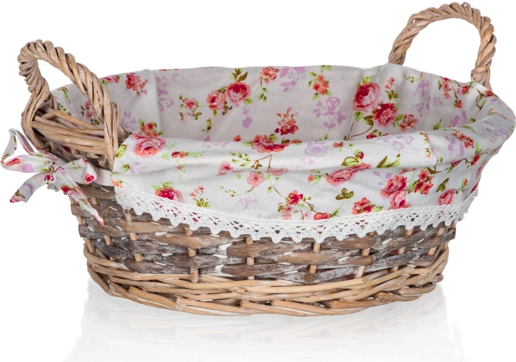 Rieten ronde mand met stof ROSES 30 × 12 cm met handgrepen
