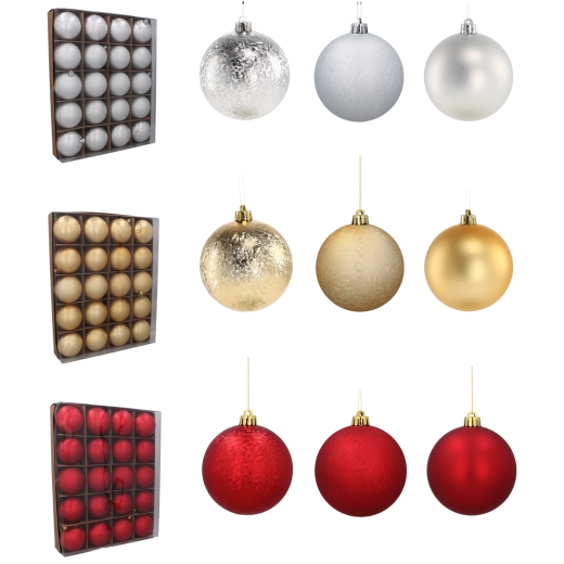 Set van 20 kerstballen 8 cm – rood, goud en zilver, mix van afwerkingen