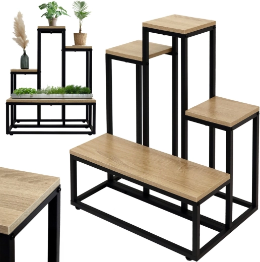 Metalen staande plantenstandaard met etages voor 6 planten in rustiek eikendecor - 1 stuk