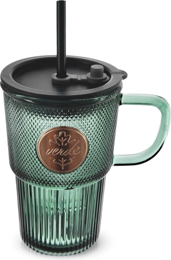 Glazen mok met deksel en rietje VERDE 450 ml