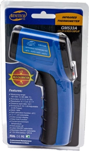 Contactloze laser-infraroodthermometer (pyrometer) Benetech -50 tot 530 °C, blauw - 1 stuk