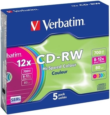 Verbatim CD-RW Colour 700 MB 12x in Slim Case - 5 stuks