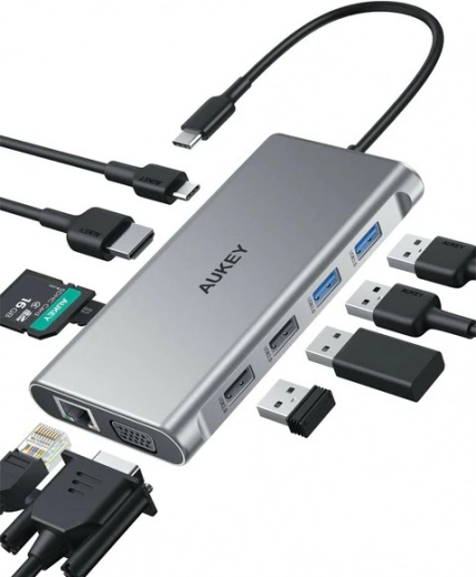 Aluminium USB‑C hub 10-in-1 met Ethernet, 4K HDMI, VGA, kaartlezer en PD 100 W AUKEY