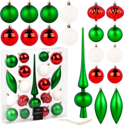 Set onbreekbare kerstversieringen met piek, groen, rood en wit, 19 stuks
