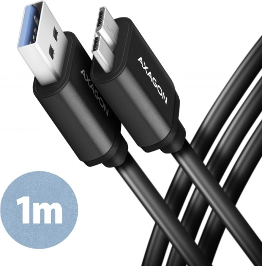 Kabel AXAGON Micro-B USB naar USB-A 3.2 Gen 1, 1m, 3A, ALU, PVC, zwart