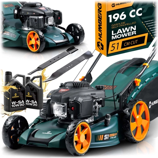 Benzinemaaiers met zelfaandrijving 51 cm, opvangzak 70 l, LONCIN 196 cc motor + olie