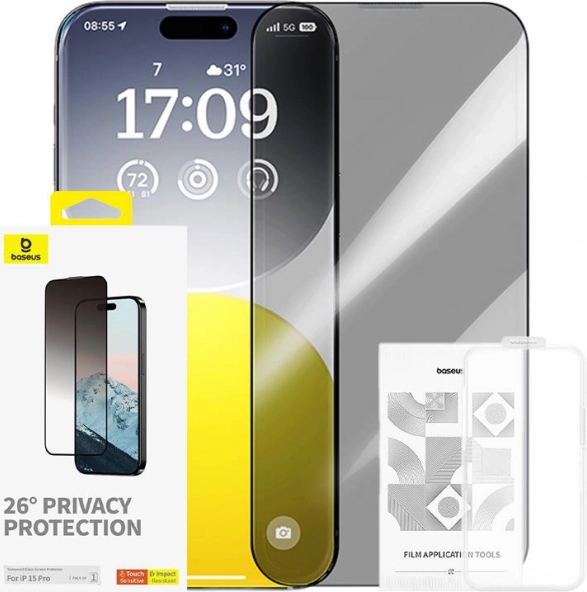Gehard glas voor iPhone 15 Pro met privacybescherming Baseus Diamond