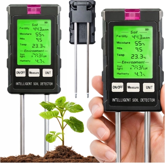 Digitale 6-in-1 bodemmeter met lcd – vochtigheid, pH, temperatuur, licht en vruchtbaarheid