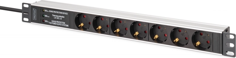 PDU‑lijst voor 19" rack met overspanningsbeveiliging en EMI/RFI‑filter, 7 Schuko‑stopcontacten, kabel 2 m, stekker CEE 7/7, 16 A