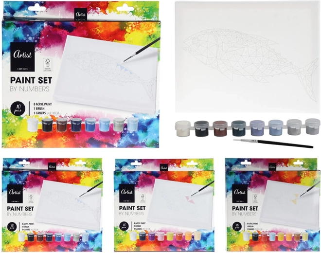 schilderset met voorbedrukt motief – acrylverf, doek 24 × 30 cm en penseel