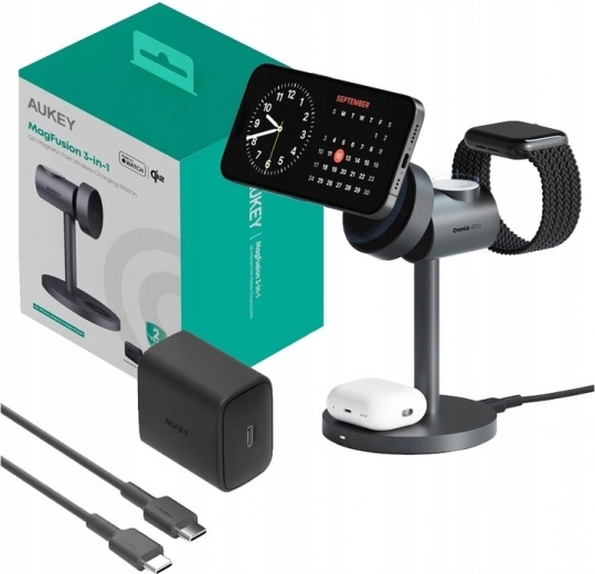 Draadloze oplader Aukey MagFusion 3-in-1, 15W grijs