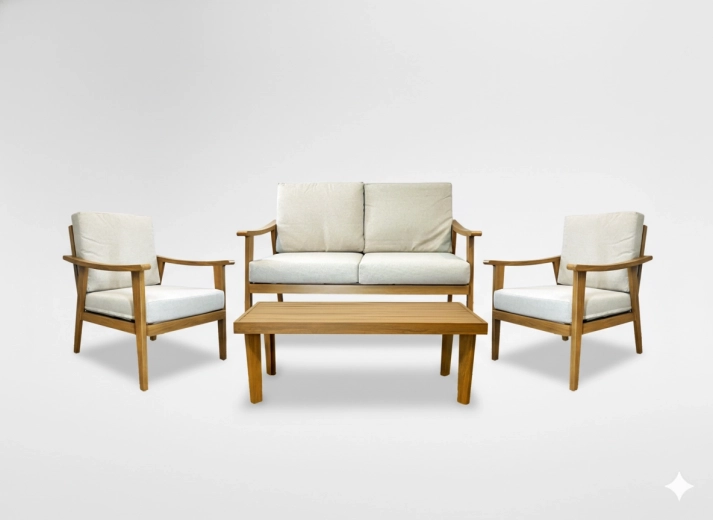 TIRANA tuinset van aluminium – bank, 2 fauteuils en salontafel, beige kussens