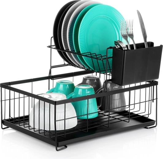 Tweepolige metalen afdruiprek voor vaat, zwart 42 × 28 × 28 cm