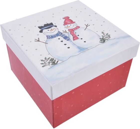 Cadeaupapieren doos met sneeuwpoppen, rood 15,5 × 15,5 × 10 cm