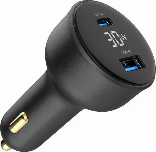 Snelle auto-adapterlader 30 W met lcd, usb‑c pd en 2× usb‑a, zwart