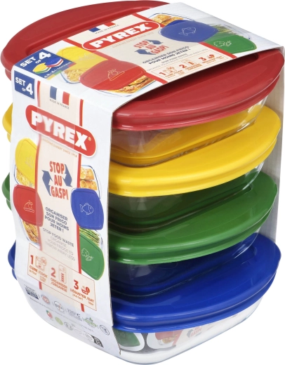 Set van vierkante glazen bewaardozen PYREX 0,3 l, 4 stuks