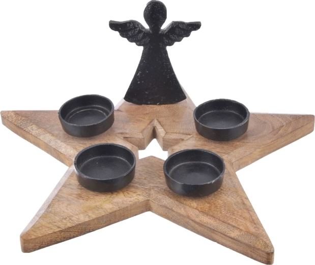 Adventskandelaar van mangohout en metaal met engel