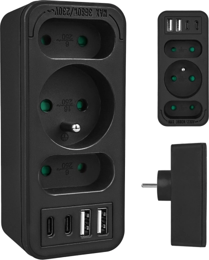 Stopcontactverdeler met 3 uitgangen en USB-A/USB-C, zwart
