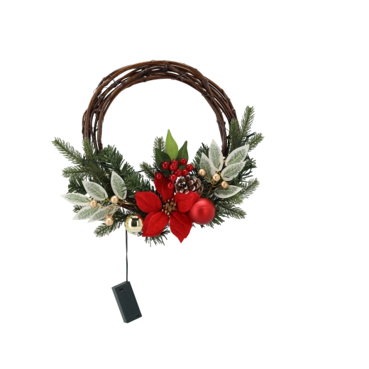 Hangende kerstkrans van wilgentenen met LED, 30 cm, rood‑goud