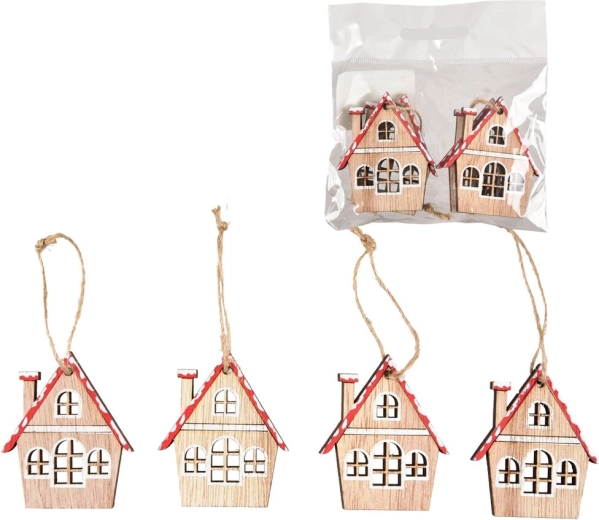 Hangende houten huisjes rood (4 stuks)